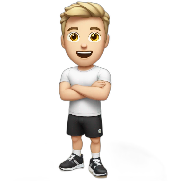 amazed Open with surprise mouth Pale skinned Fit Man With the biceps and dark brown hair in black shirt, gray sports shorts and white Sneakers emoji