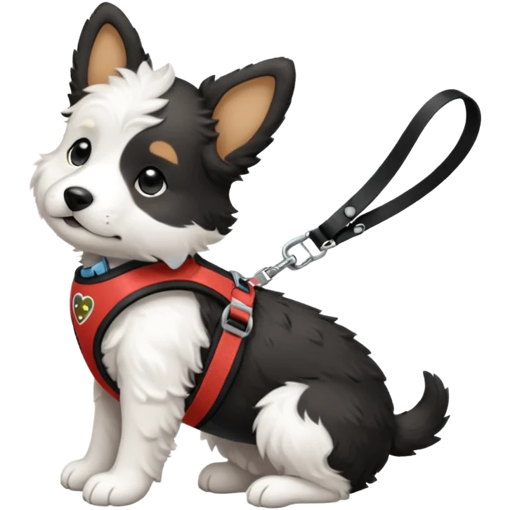 Black and white doodle puppy in side profile wearing harness and a leash emoji