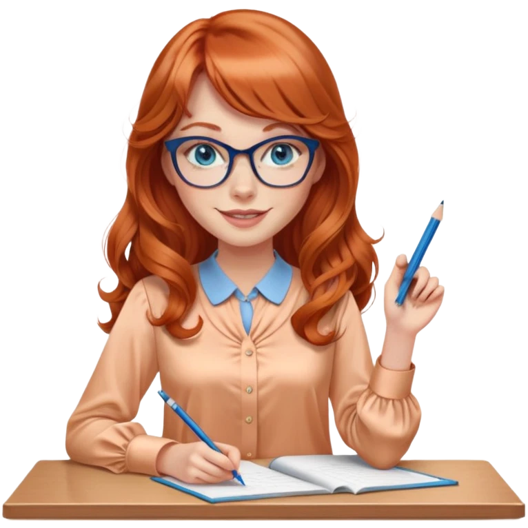 redheaded woman with very long wavy hair and bangs, blue eyes, clear cat-eye glasses, apricot silk blouse, pencil skirt, holding a pencil, smiling emoji