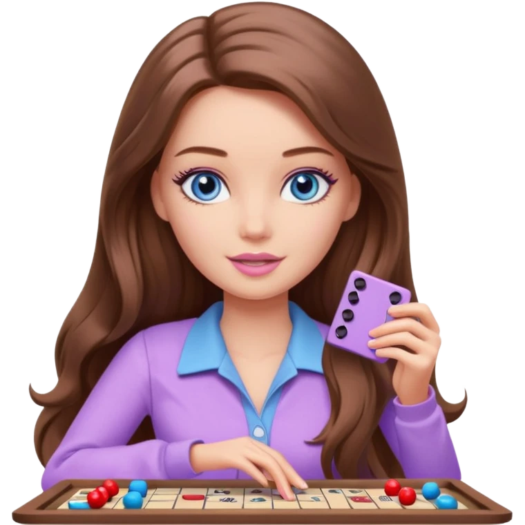 beautiful barbie girl with long brown hair, blue eyes and wearing light purple clothes playing board games emoji