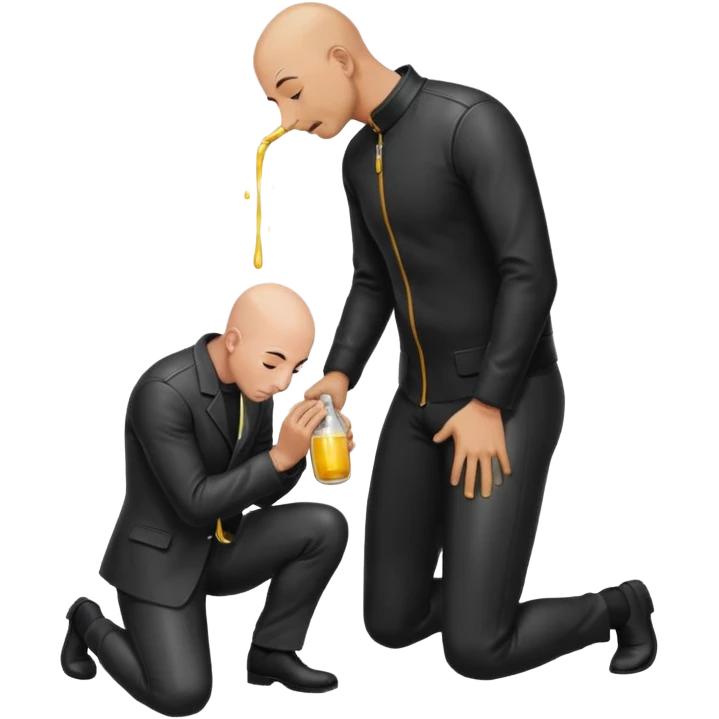 Bald man on his knees submissive to tall, standing man in leather, pouring piss down his throat emoji