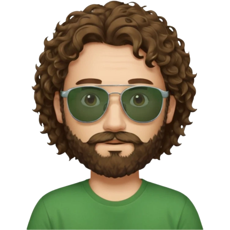 a self asured white male. brown hair. green t-shirt. blue background 5 days beard. sunglasses. longer curly hair emoji
