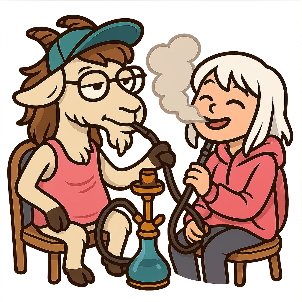 goat for Telegram stickers inspired by reference https://attic.sh/feoducyurkpqwz0la088soao98sx: wearing a cap, glasses, mullet hairstyle, pink drunkard tank top, sitting on a chair, smoking hooka with a girl. girl with white hair and pink hoodie https://i.ytimg.com/vi/x9PRt8xgy7Y/hqdefault.jpg . transparent background  emoji