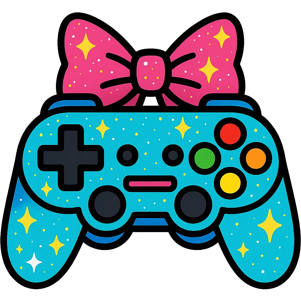 a glittery game controller with rainbow buttons and a pink bow, vibrant toon style, for a queer gaming community emoji