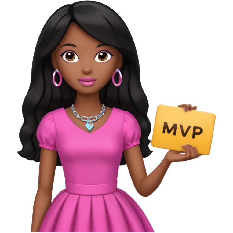 Black barbie, long black  hair, pink dress holding mvp sign  emoji