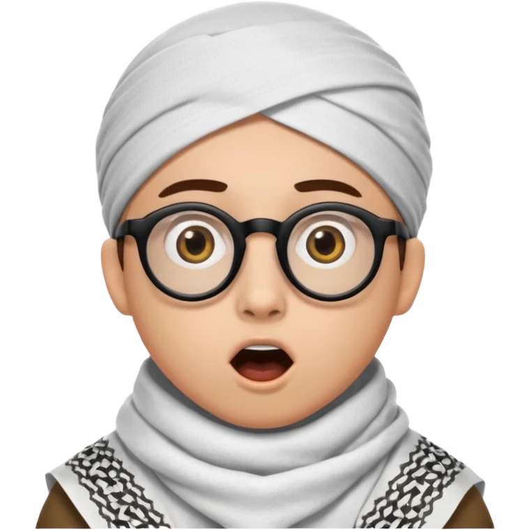 A person with light skin tone, wearing a traditional white keffiyeh with a black agal, large brown eyes, round glasses, and an open mouth showing a surprised or shocked expression. emoji