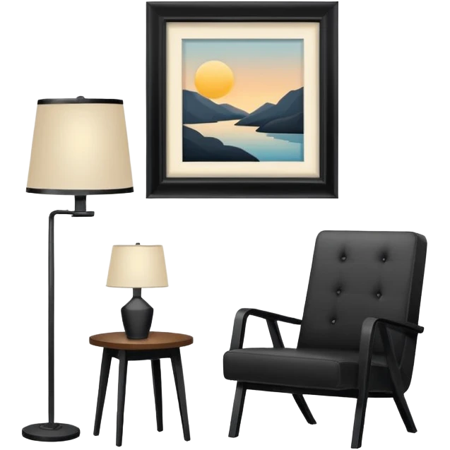 Minimalistic flat vector icon, iOS style, thin black contour on white background. Floor lamp and chair next to a framed picture on wall. Clean, no text, no shadows emoji