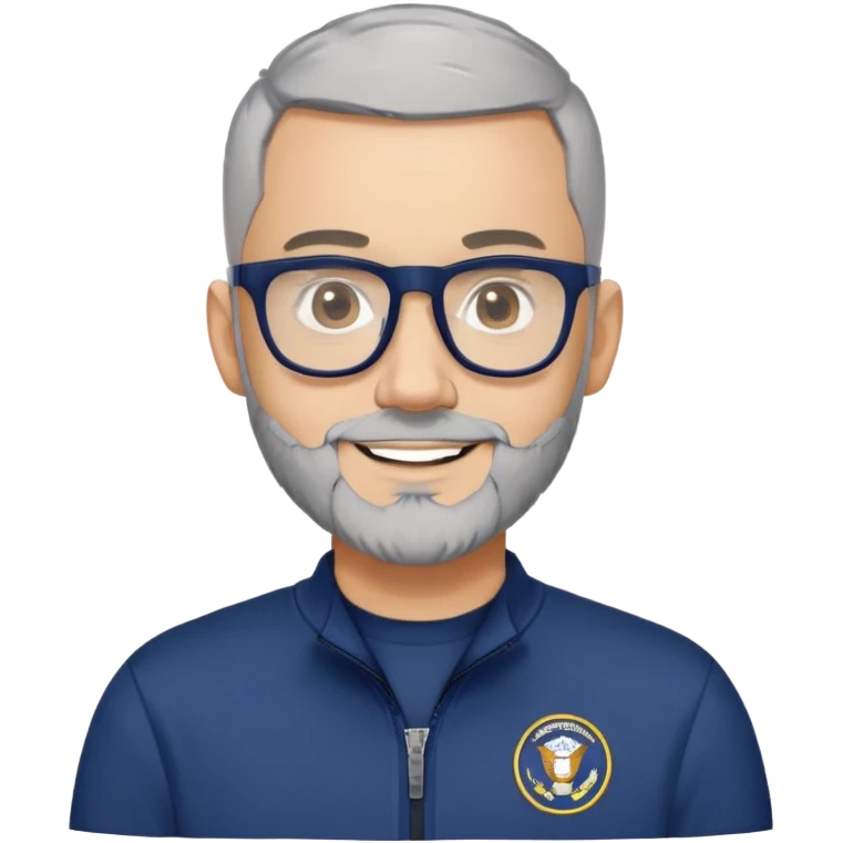Man with light skin, extremely short black hair (military buzz cut), short peppered gray beard, large black-framed glasses, smiling face, navy blue zip-front sweatshirt with long sleeves emoji