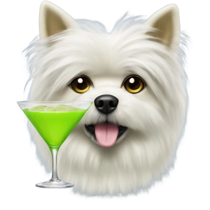 lime green fluffy dog with pointy ears with a martini emoji