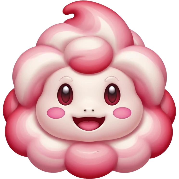 cute Alcremie Pokémon with a soft, rounded, expressive face, vibrant red and pink tones, playful cheerful expression in rednote emoji style emoji