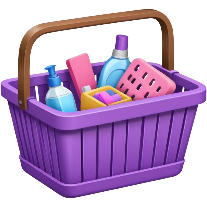 سلة تنظيف خشبية  بأغراض الوانها بنفسجي و وردي emoji