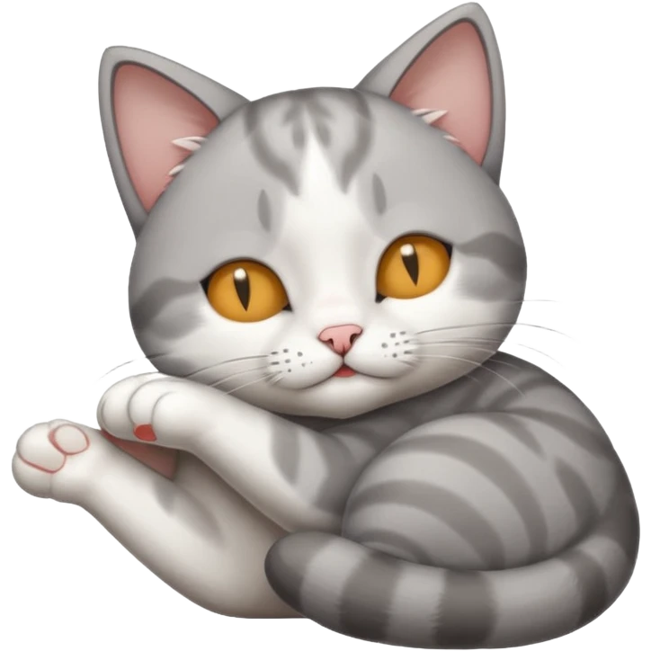 grey and white small cat with its eyes closed lying down with its paw holding up his head emoji