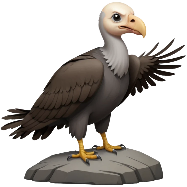 a vulture — large bird with dark brown feathers, bald WHİTE head, curved beak and sharp eyes — standing proudly on a rock — wings slightly open — realistic yet cute cartoon emoji look, clean lighting, soft shadows. emoji