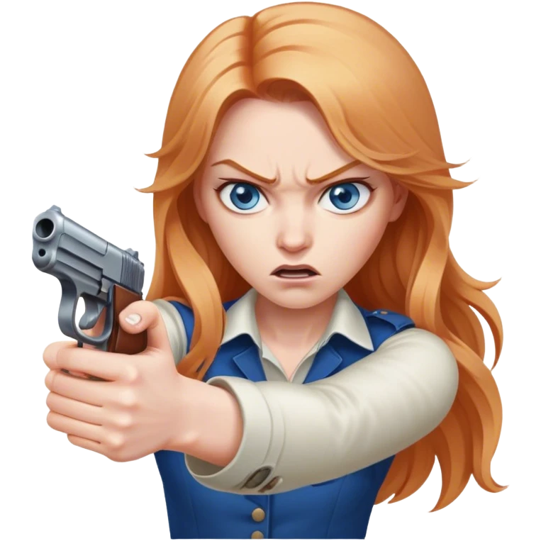 woman with long strawberry blond hair and blue eyes pointing gun and looking mad emoji