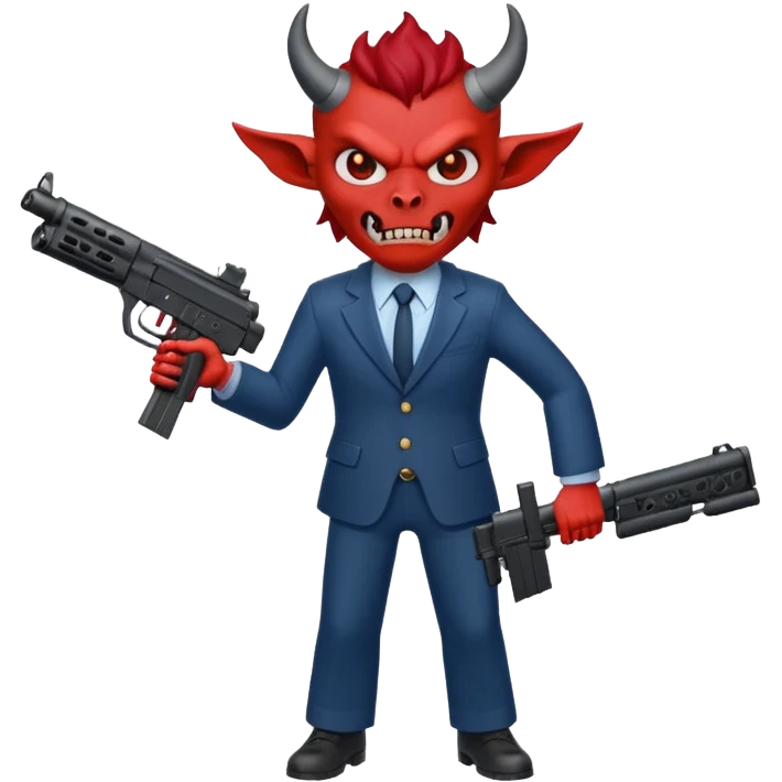 A Demon from hell that is dressed like a fbi agent with a machine gun, full body pointing the machine fun to the left. In the style of your be emoji