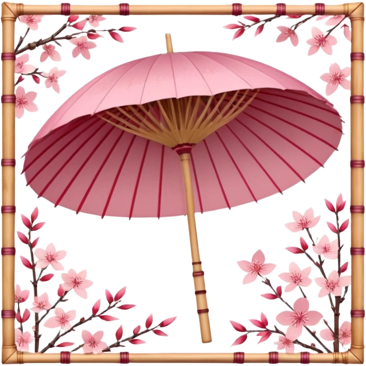 Sakura-themed Japanese wagasa parasol, pink and red washi paper, cherry blossom patterns, delicate floral design, bamboo frame, traditional Japanese style, aesthetic, elegant, no humans, pastel color palette emoji