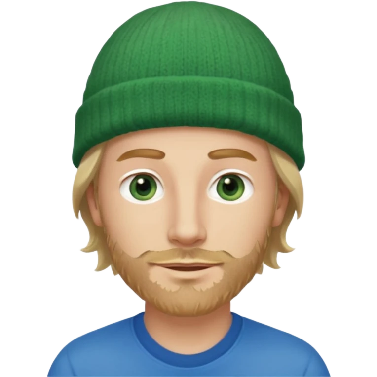 white man, mid thirties, blue eyes, mid length wavy hair, green beanie hat, stubble, face only emoji