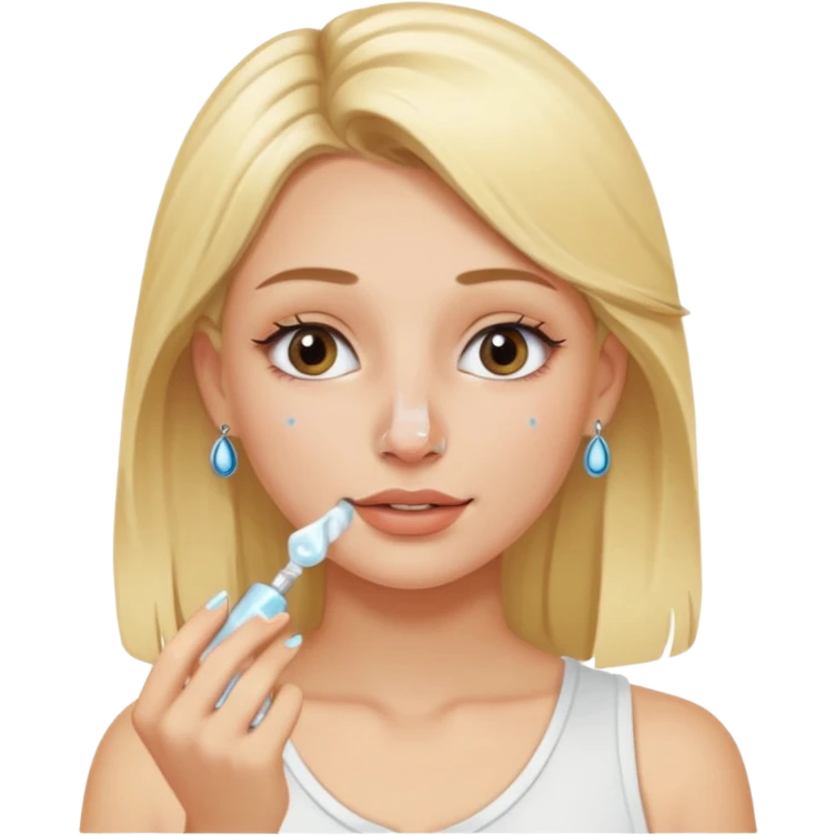 mulher loira com piercing no nariz aplicando skincare emoji