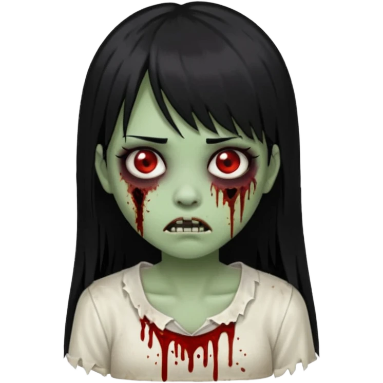 Emoji de uma garota com os cabelos longos, lisos e pretos. Ela usa uma franja curta. Tem a pele esverdeada e ferimentos no rosto cobertos com sangue, usa uma blusa branca rasgada e suja de poeira. Ela é uma zumbi emoji