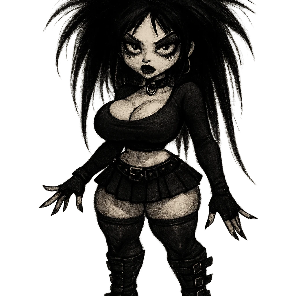 goth girl with exaggerated proportions in a dark, edgy style emoji