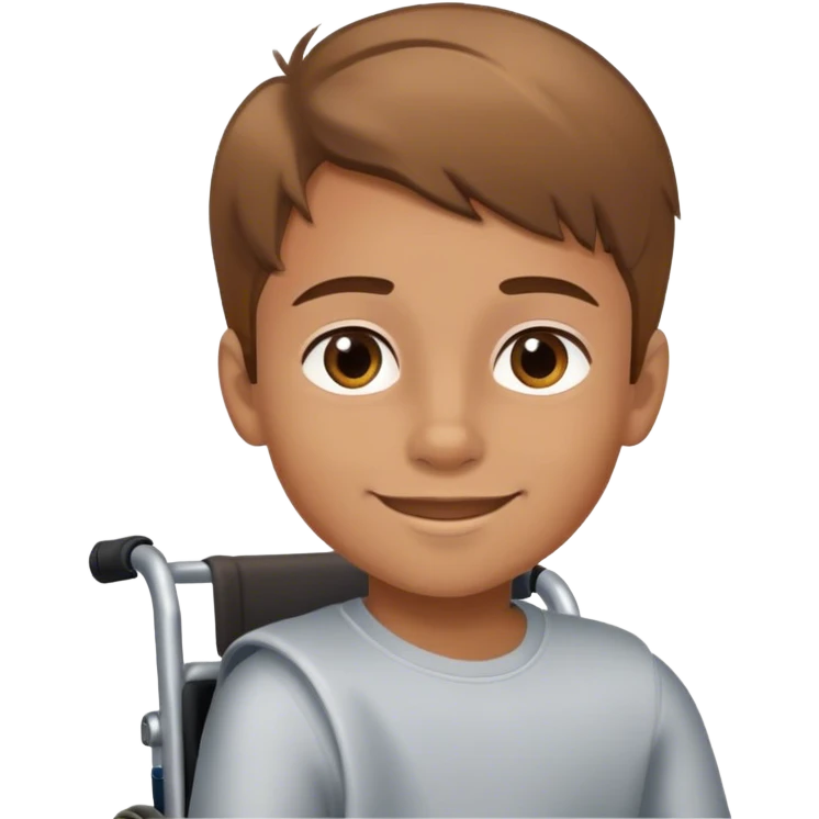 young boy with light brown hair andbrown eyes in wheelchair smiling emoji