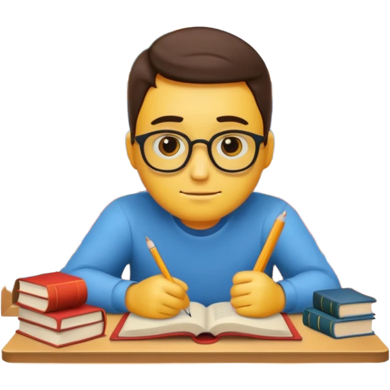 emoji man student studying at home with books, bored, room, white background emoji