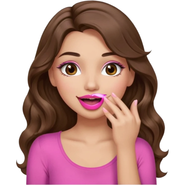 girl with long wavy brown hair, brown eyes, long lashes makeup, sexy pink lips, light to medium complexion, wearing a pink sexy top, sexy, giggling hand covering mouth emoji