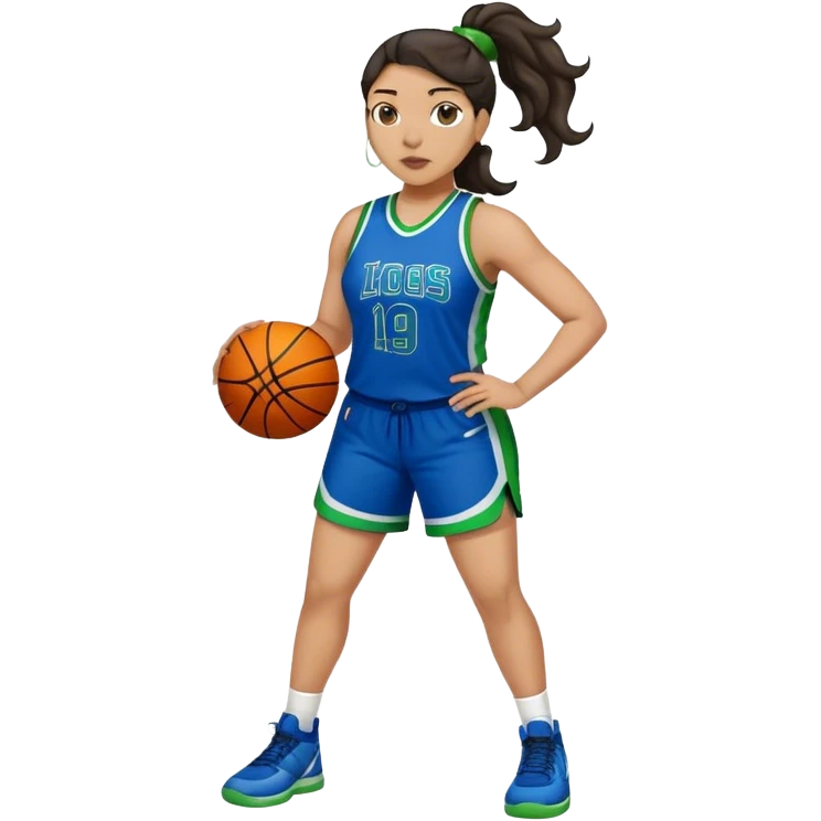 full body plus size light skin  latino women basketball player with wavy dark hair in pony tail wide nose wearing blue uniform with green accent emoji