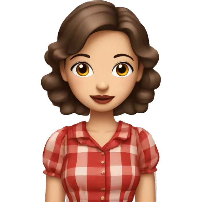 Pretty peach skin brunette woman with rosy cheeks in red plaid babydoll dress emoji