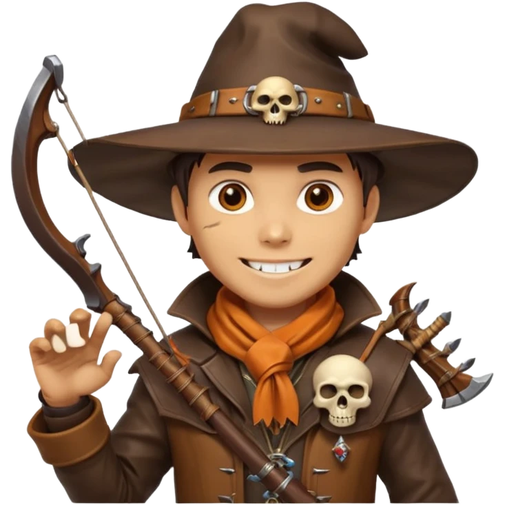 male human monster hunter emoji, wearing brown leather coat and wide hat, holding crossbow, with amulet shaped like skull, Halloween fantasy theme, confident smile, orange scarf, Apple emoji style, clean white background, square image emoji