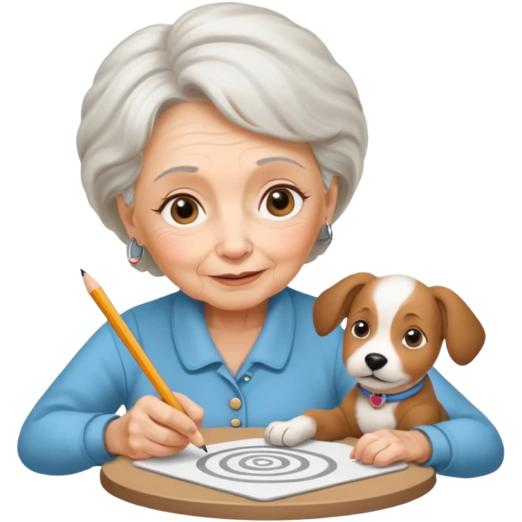 An elderly woman sketching her puppy face on the spiral pad. emoji