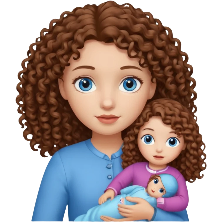 Una niña con ojos celestes y pelo rizado con piel blanca y con una muñeca  emoji