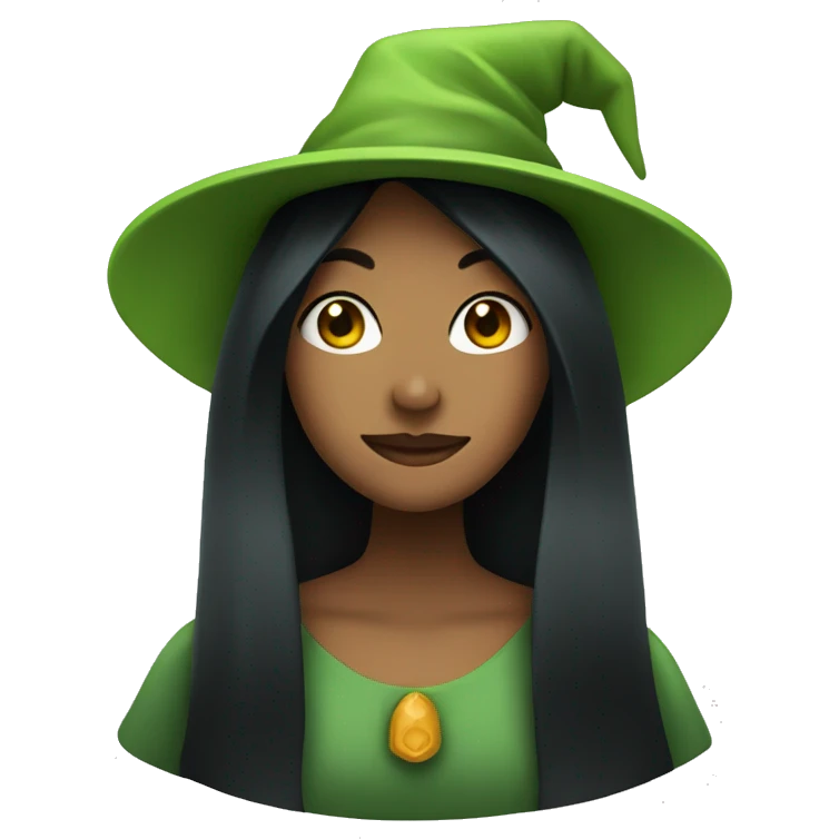 green woman with black hair and a witch cap emoji