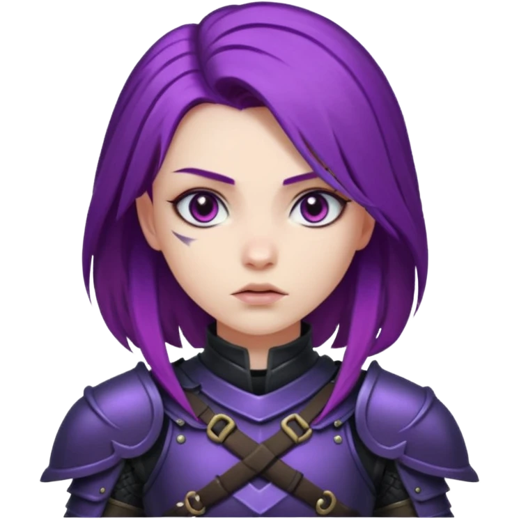 mysterious warrior girl with flowing purple hair, dressed in black armor, looking determined emoji