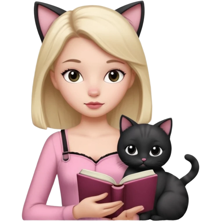 Menina branca 16 anos olhos pretos ,cilios grandes, boca carnuda ,nariz pequeno ,cabelos até a cintura ,vestido rosa de alça, lendo um livro com um gato preto e branco  emoji
