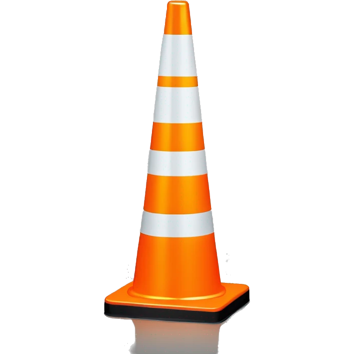 A bright orange traffic cone with two white reflective bands, standing on a black square base. The cone is brightly lit, emphasizing its safety features. emoji