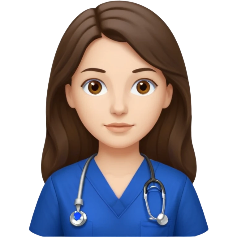 Nurse, white woman, long brunette hair, brown eyes, royal blue scrubs emoji