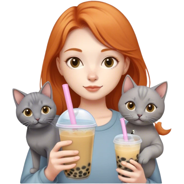a ginger girl holding a bubble tea and a grey korat cat emoji