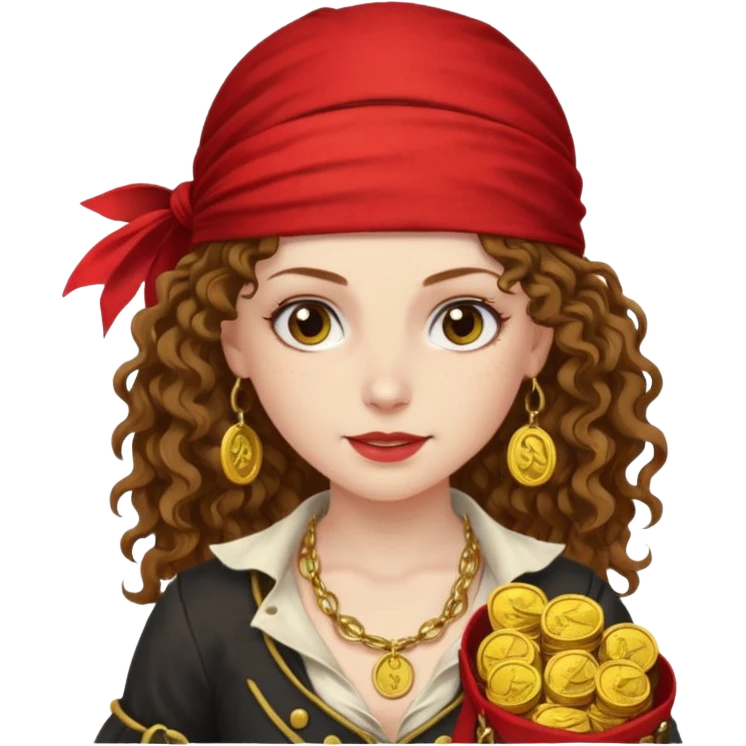 Lady Pirate With holding Coins, curly hair. emoji