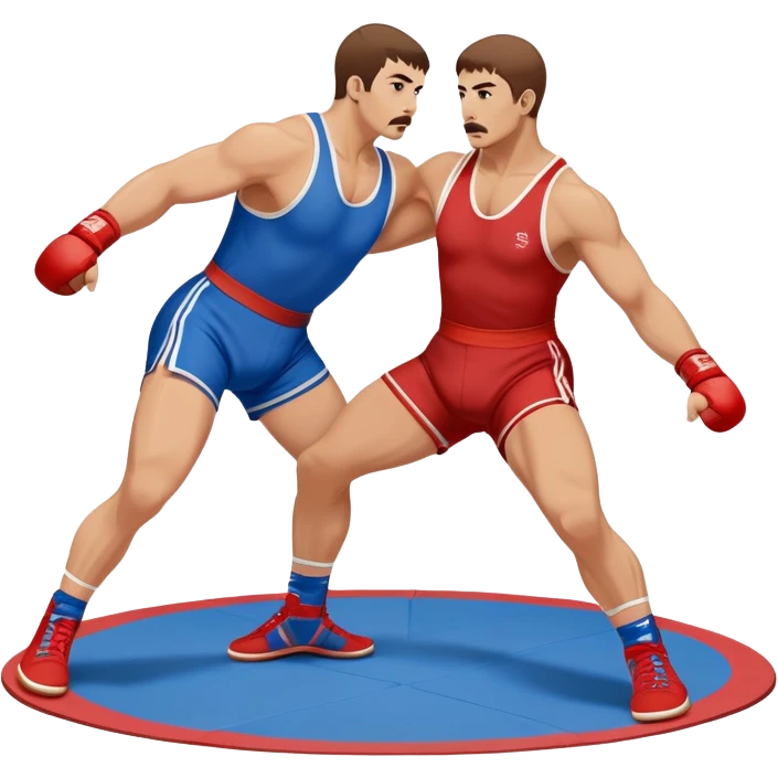 Two Sambo fighters in blue and red gis with shorts and wrestling shoes, executing gripping and throwing techniques. The fighters are engaged in a dynamic, action-packed moment with no strikes. The background features a wrestling mat, focusing on the technique and control. Transparent background  emoji