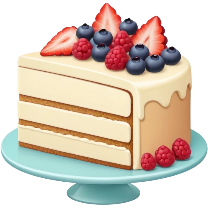 Confectionery humanless avatar in bright emoji-style illustration. Cake slice with cream and berries, pastel colors, simple shapes, flat design, sweet and inviting. emoji