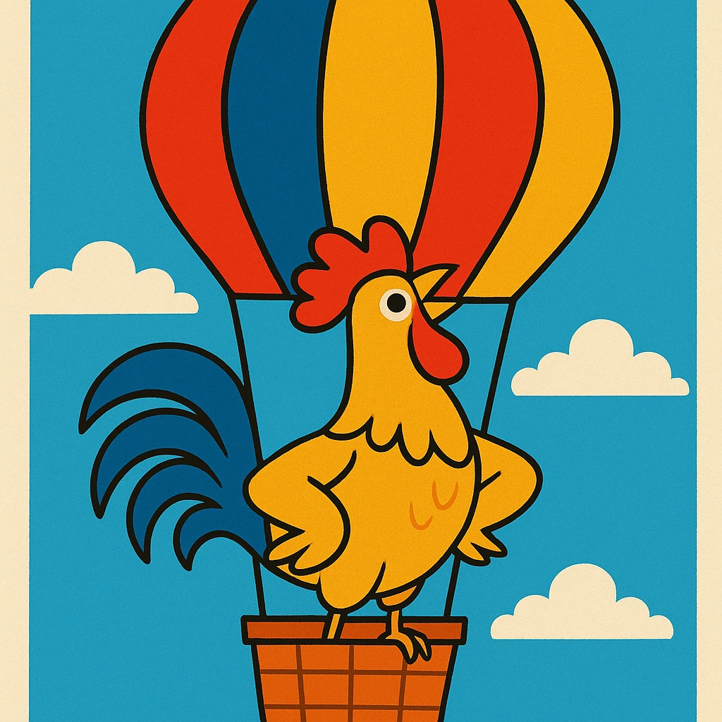 a proud rooster in a hot air balloon, playful style, vibrant toon illustration emoji