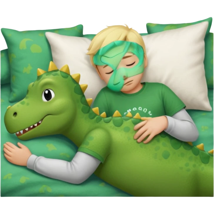 Blond boy sleeping wearing a green dinosaur t-shirt emoji
