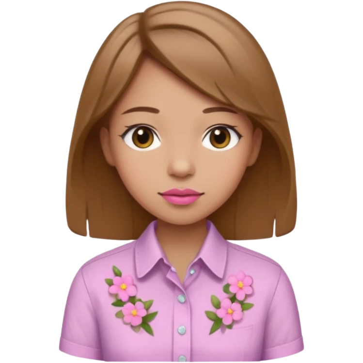 A girl with light pink lipstick light brown hair wearing a button up with little flowers that are pink emoji