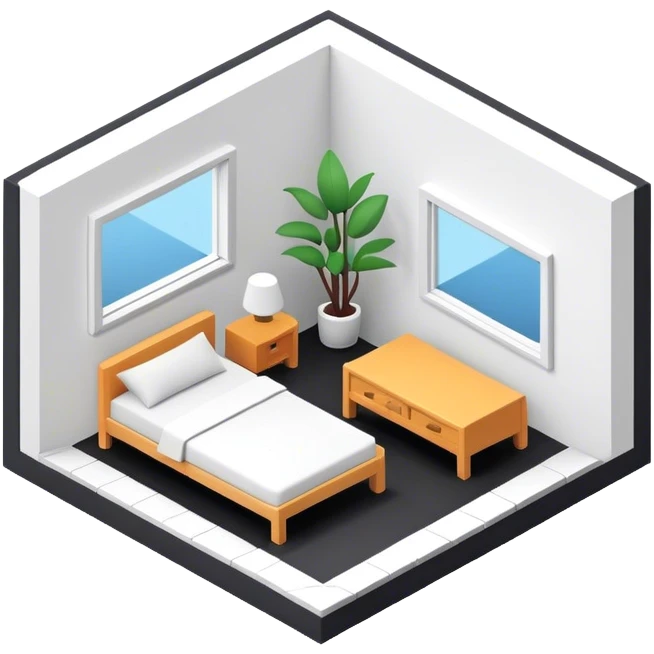 An isometric 3D room with two white walls that meet at the back left and right and a single Window. Black and White Home Office Room emoji