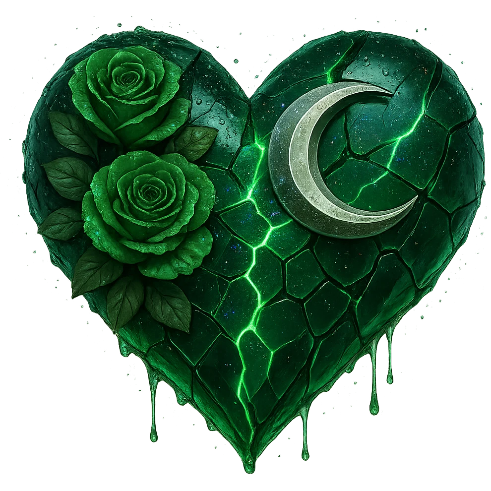 Edit the gothic heart to feature splintered deep green glass, silver crescent moon, green roses, holographic stardust, neon lightning, and a wet look. Keep the background transparent. The style should maintain the gothic heart's original look with a transparent background. emoji