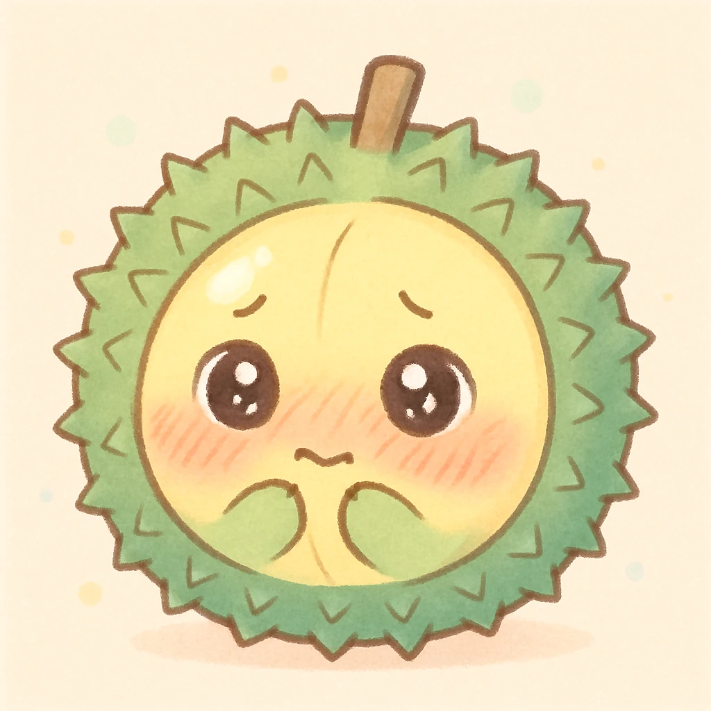 chibi-style round durian character with a green spiky shell and yellow flesh, blushing and shy with sparkly eyes, in pastel tones emoji