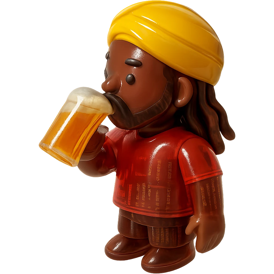Brownskin man with long brown dreadlocks 
red t-shirt 
yellow turban 
expression is drinking bear emoji