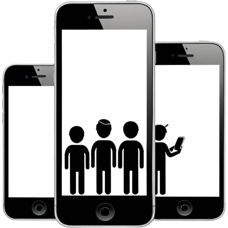 Minimalistic flat vector icon, iOS style, thin black contour on white background. Three small developer silhouettes around a smartphone with code brackets <>. Clean, no text, no shadows emoji