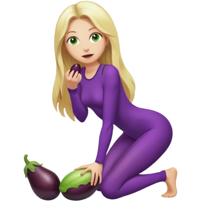 Naked woman tits out long blonde hair green eyes full body skinny legs no clothing kneeling eggplant in mouth emoji